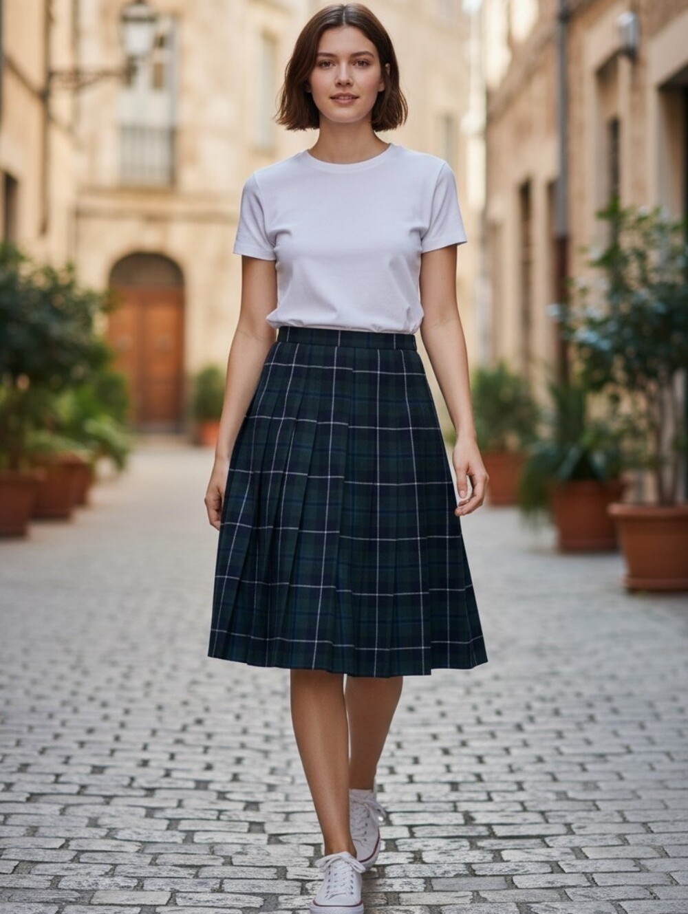 Pendleton 1970s Sz 12 Tartan Plaid Virgin Wool Pleated Skirt Navy/Green/White
